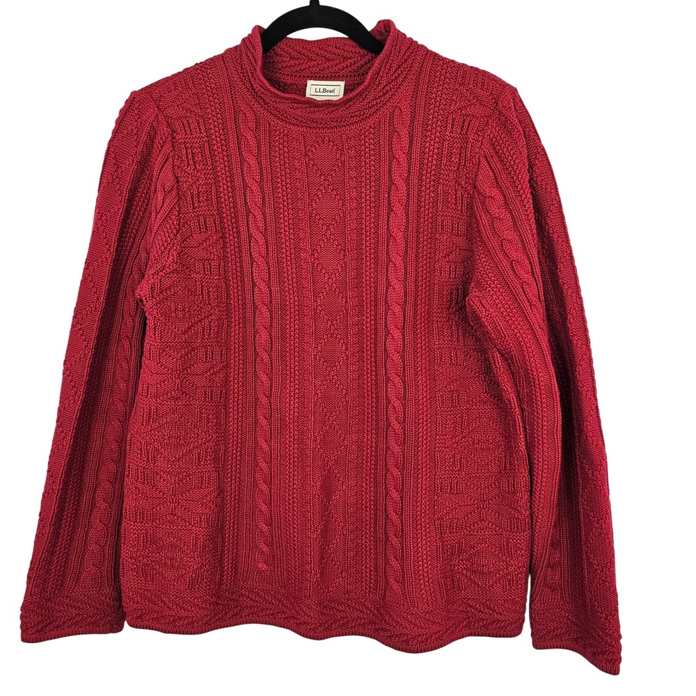 LL Bean Women's Red Cotton Cable Knit Sweater Small Regular